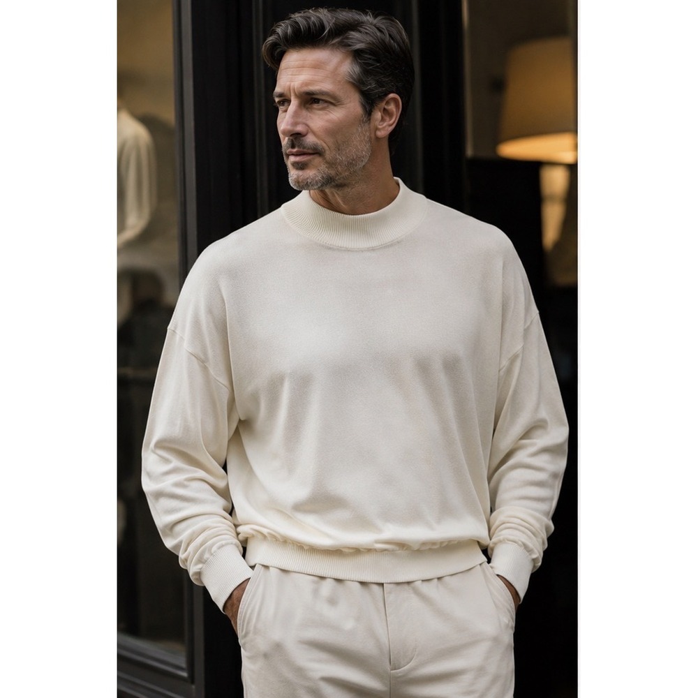Pronto-Uomo Men's Silk Cotton Knit Pullover Sweater XL White Crew Neck